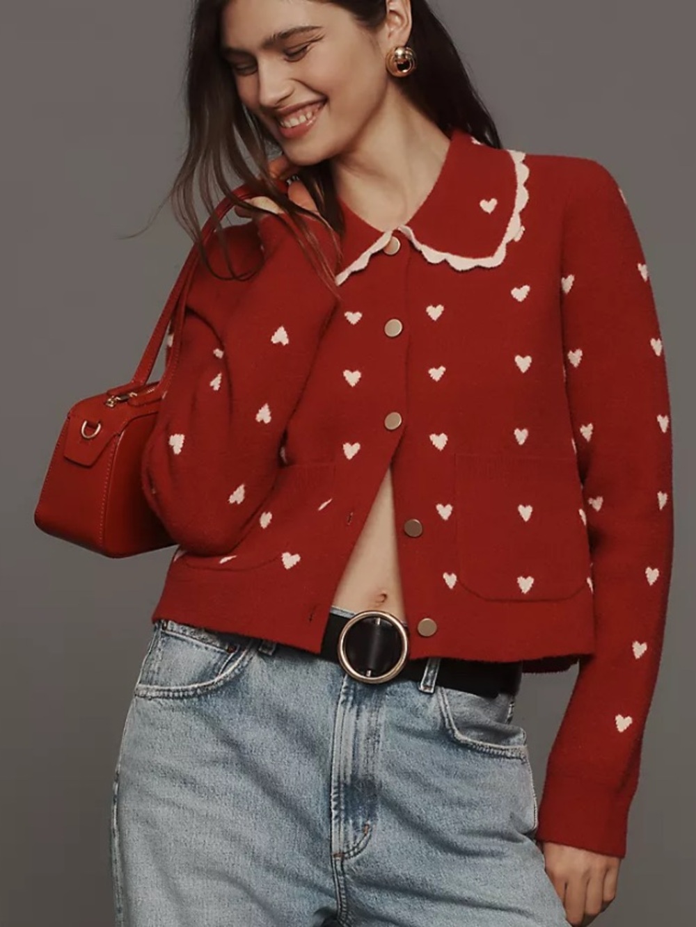 Anthropologie NVLT Red Cardigan White Icon Heart and Scalloped Peter Pan Collar